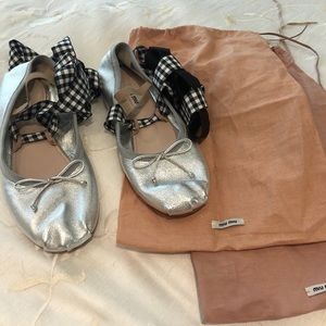 Miu Miu Ballerina silver lace up flats
